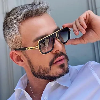 Glasses For Men Retro Square Frame Sunglasses Men Custom logo Black Gold Blue Lens Punk Style Polarized Gray Metal PC Glass