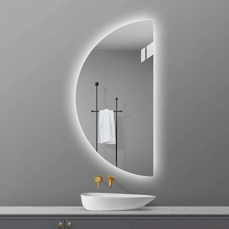 product large home decor wall irregular shape led mirror half moon big smart touch screen bathroom mirror with back light-3