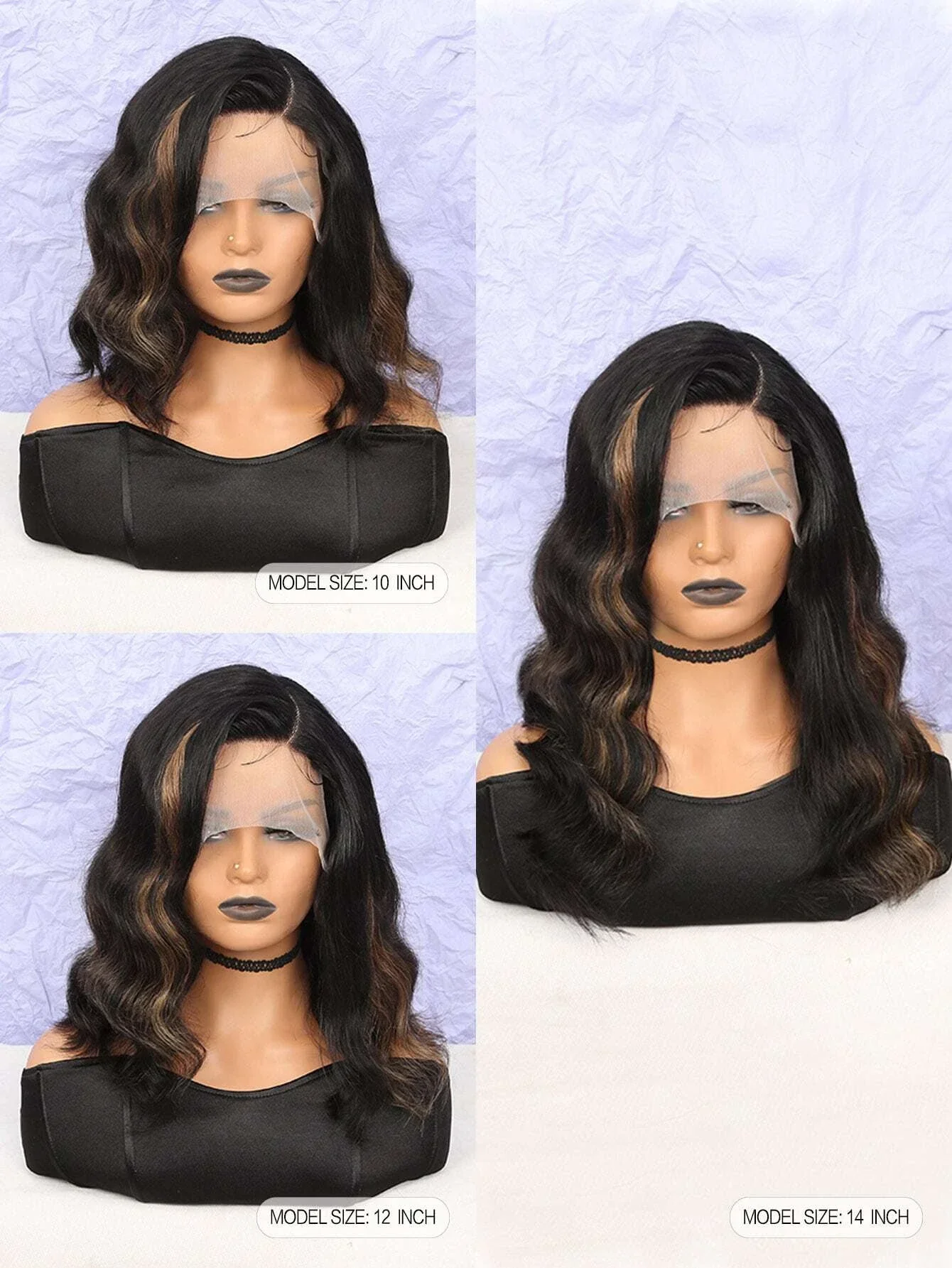 Hochdichte, gemischte Farben, Bob-Perücke mit gewelltem Echthaar, 13 x 5 x 1 Zoll, T-Teil, transparente Spitze vorne, vorgezupft für Frauen_voghion.com