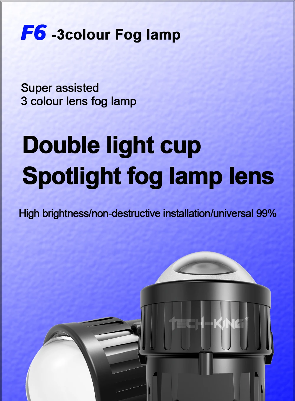 TECH-KING 3.0 inch projector led fog lights for universal cars 12V 3 color mode led fog lights bi led lens projector