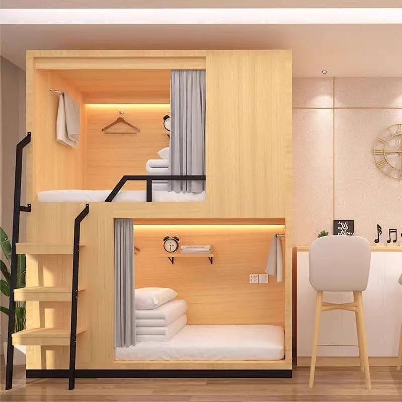Modern Solid Wood Bunk Bed for School Dormitory Hostel Apartment Student Gaming Capsule Design