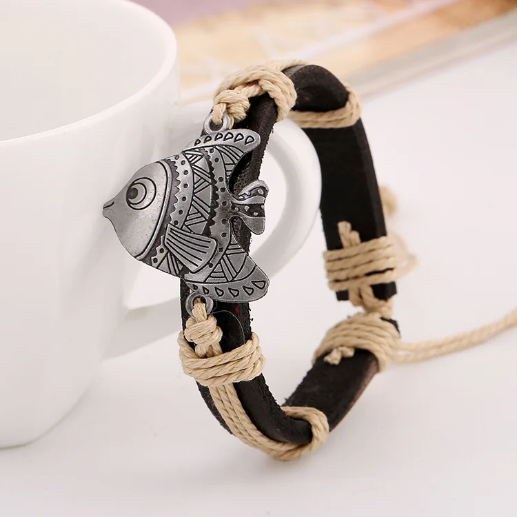 Jesus Fish Christian Symbol Bracelet Handmade Punk Woven Leather Bracelet Men's and Women's Cuff Jewelry