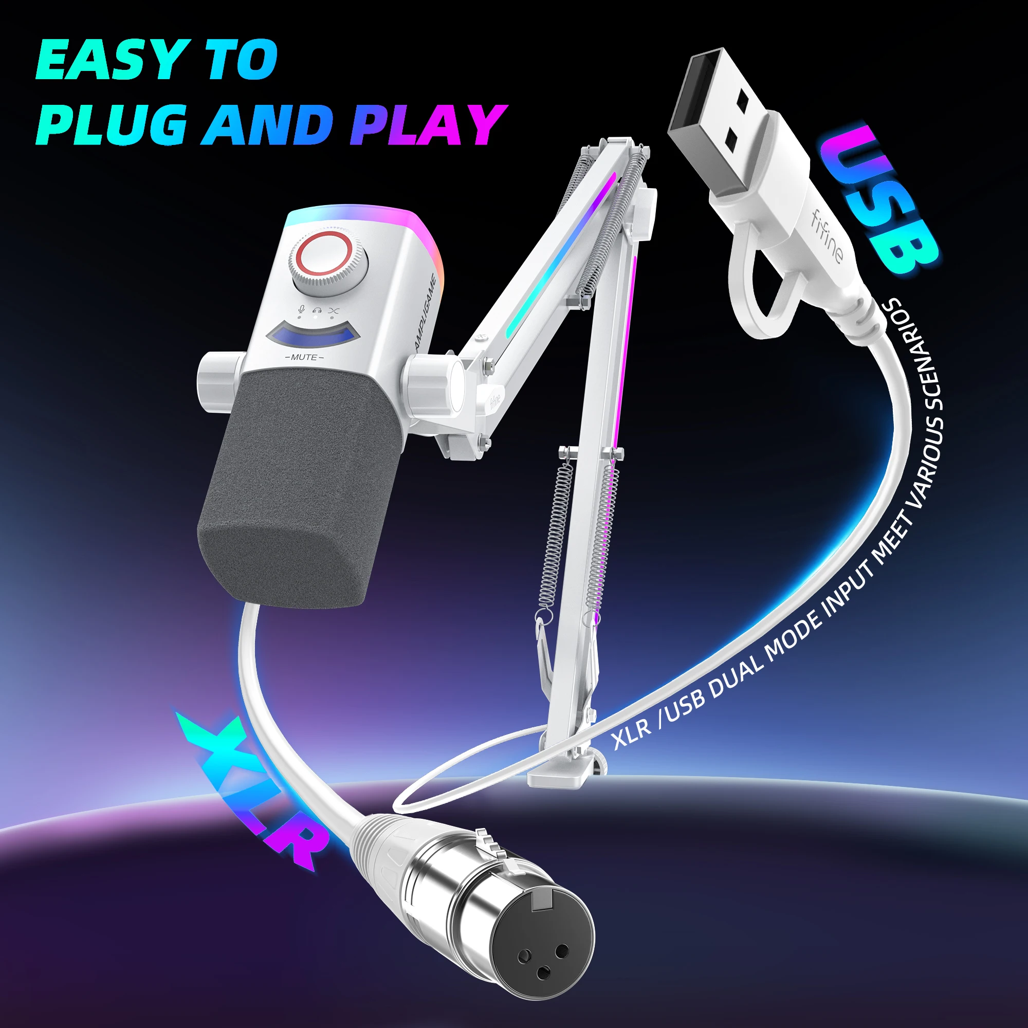 Fifine AM8PROT RGB Dynamic Microphone Kit - USB & XLR PC Streaming
