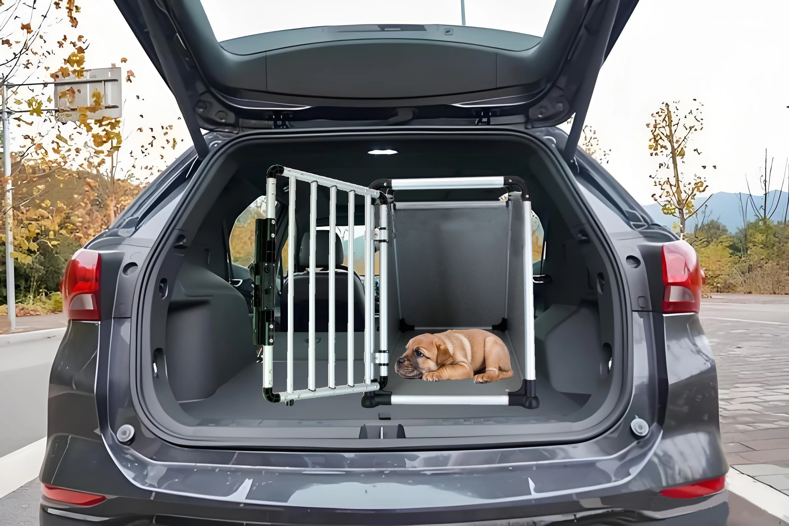 Luxury 2025 Aluminium Dog Car Cage Modern and Classic Style with Wood and Metal Breathable Design in a Box Packaging