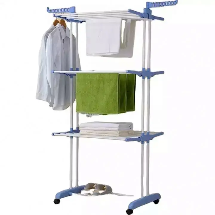 Multifunctional Floor-standing Three-layer Clothes Drying Rack Indoor Folding Floor-standing Mobile Clothes Rack