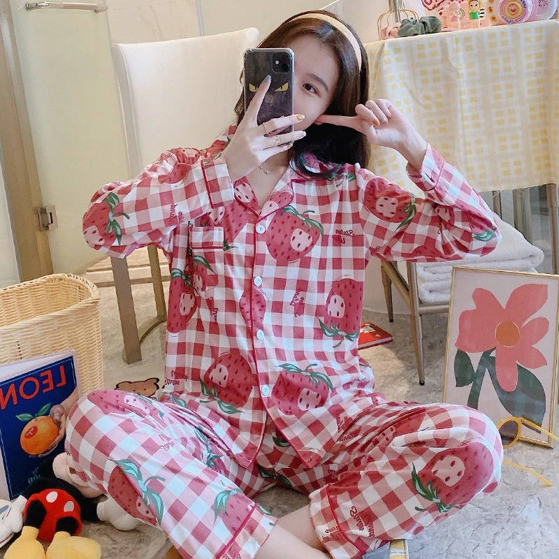Factory-Designed Home Clothing Set for Spring Autumn New Breathable Cotton Cardigan Long Sleeve Pajamas Trousers Sweet Knitted
