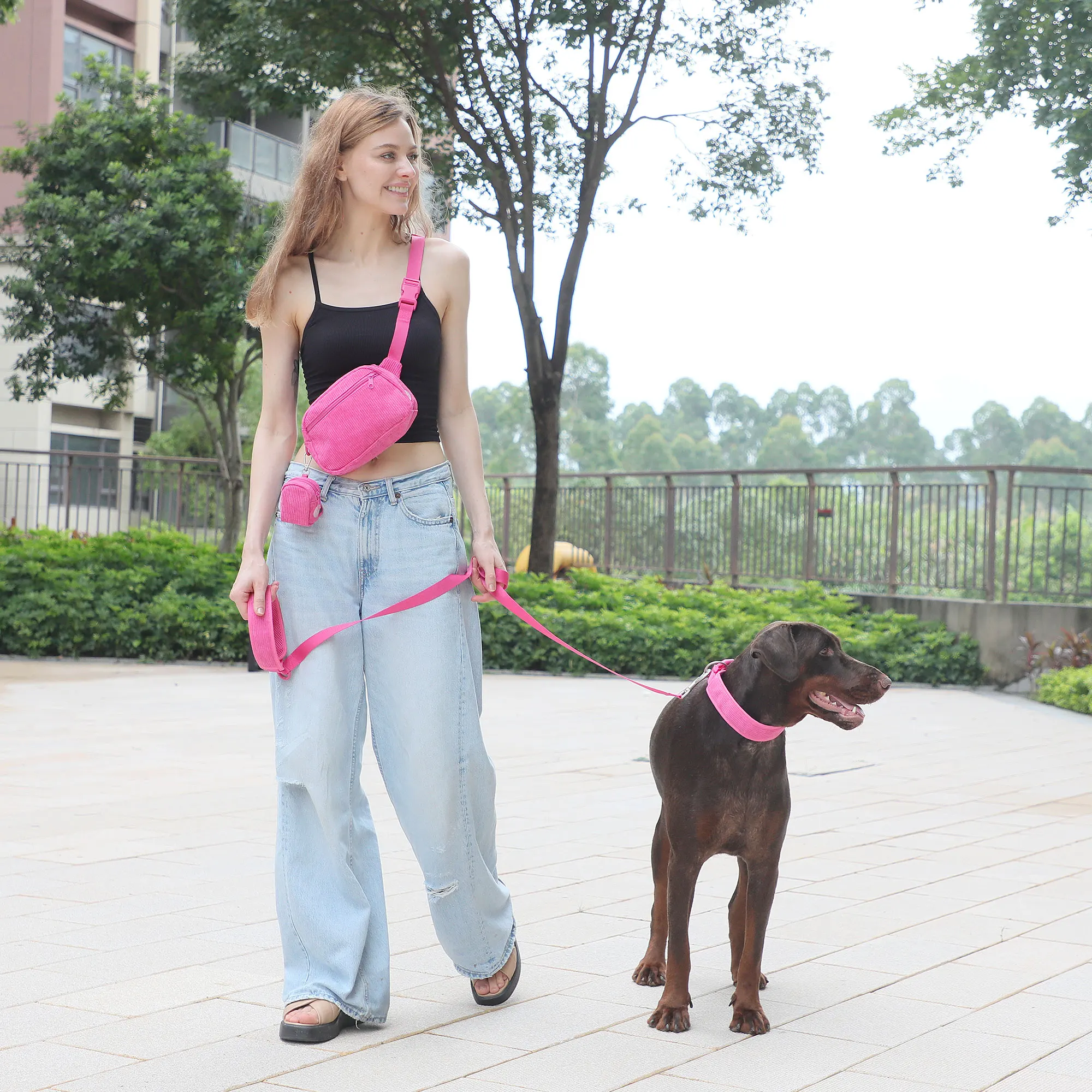 新款热销产品灯芯绒加厚豪华狗背带玫瑰红花式狗皮带套