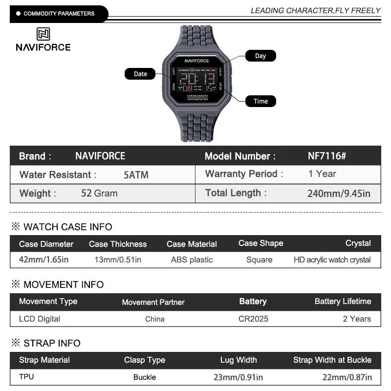 NAVIFORCE 7116 Original Brand Electronic Watches for Men Luxury Fashion 50m Waterproof TPU Band Male Calendar Wristwatch