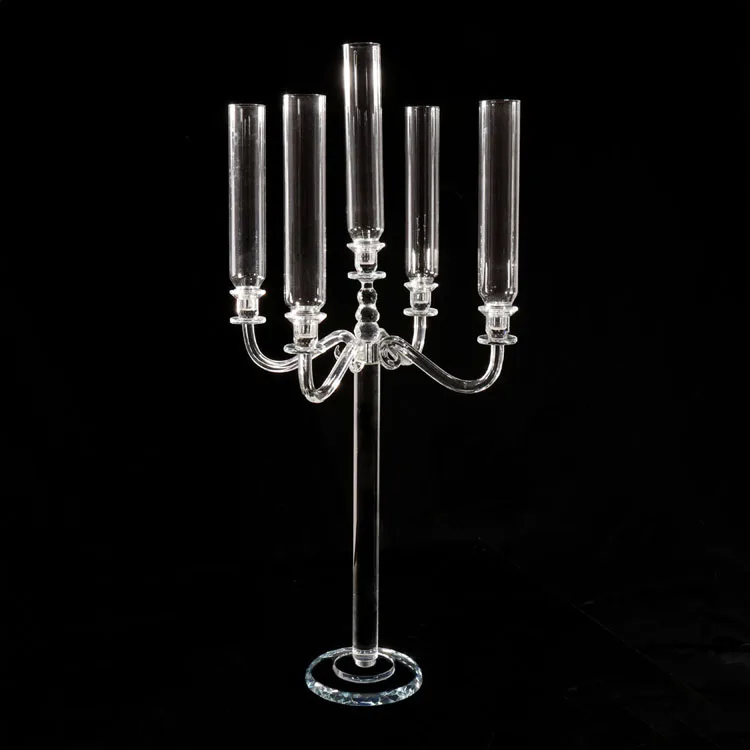 5 Arms Clear Glass Candle Holders Clear Crystal Glass Wedding Candelabra With Tube For Wedding