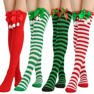 Bow Christmas Ball Ball Over the Knee Socks Women's Long Tube Europe and the United States Holiday Christmas Striped Stockings