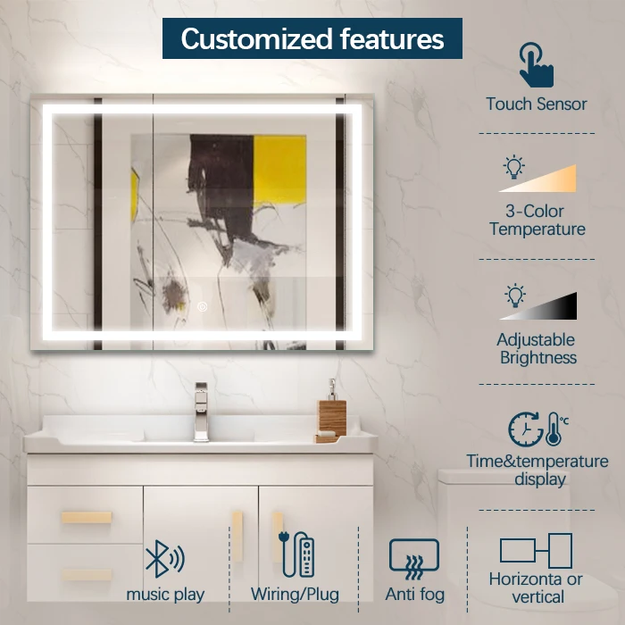 Factory Price Rectangle Illuminated Led Wall Mounted Smart Lighting Defogger Waterproof Intelligent Led Mirror for Bathroom