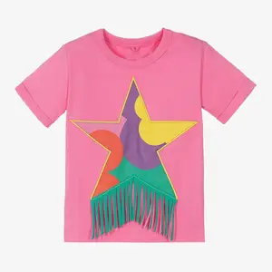Customized Children's Tassel Edge Star Printed T-shirt Pure Cotton Casual Girls T-shirt