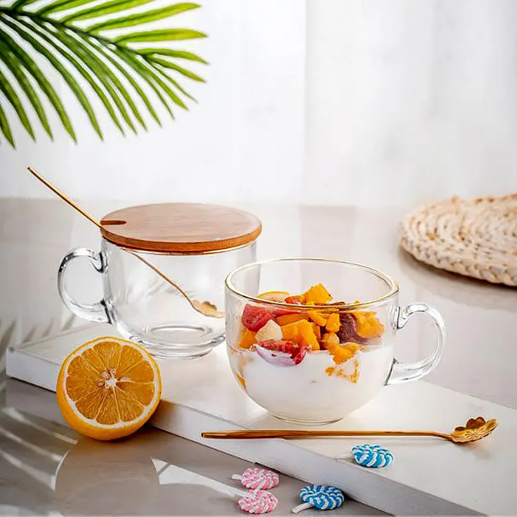 Оптовая продажа, кружки для молока, чая, завтрака, зерна, кофе, стеклянная чашка с бамбуковой крышкой