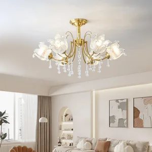 American Retro Crystal Flowers Vintage French Copper Brass Chandelier Flush Mount for Living Room