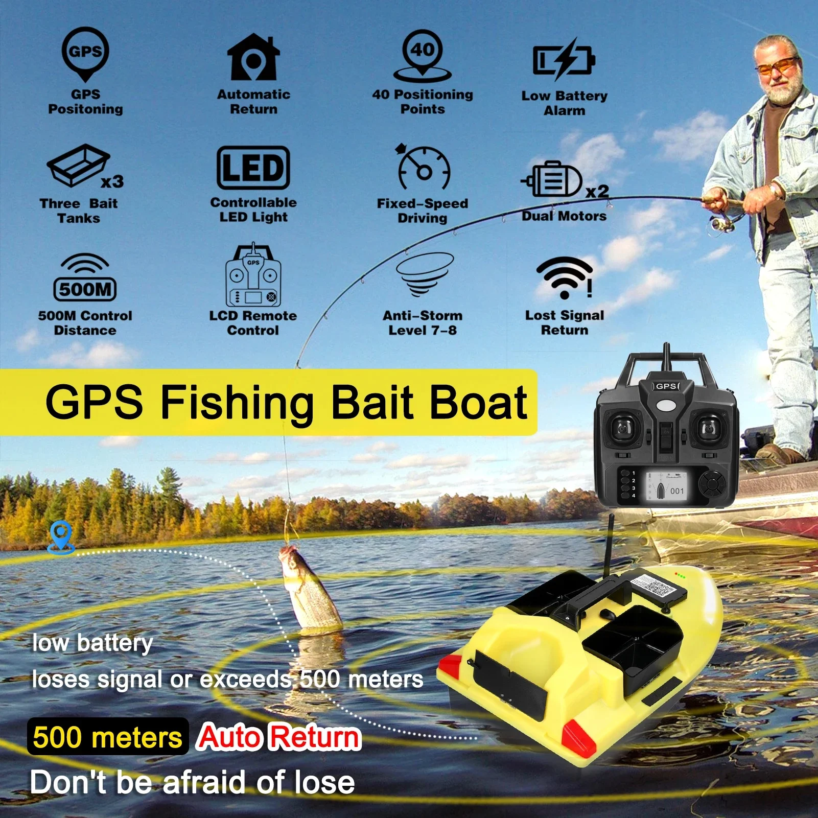 Flytec V020 Bait Boat GPS Fishing Bait Boat 500M With 3 Bait Tanks Fish Finder 2KG Loading Automatic Cruise/Return Fishing Boat