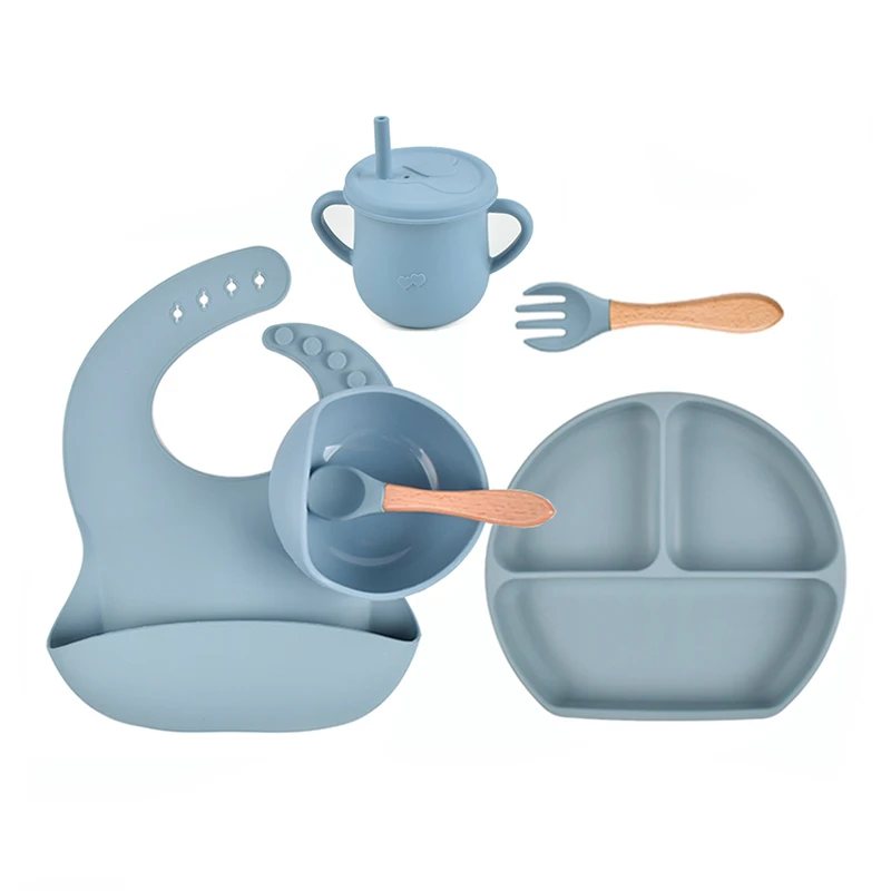 Animal Shape Strong Suction Silicone Plate Spoon Fork Bib Set Feeding Bib Baby Silicone Tableware
