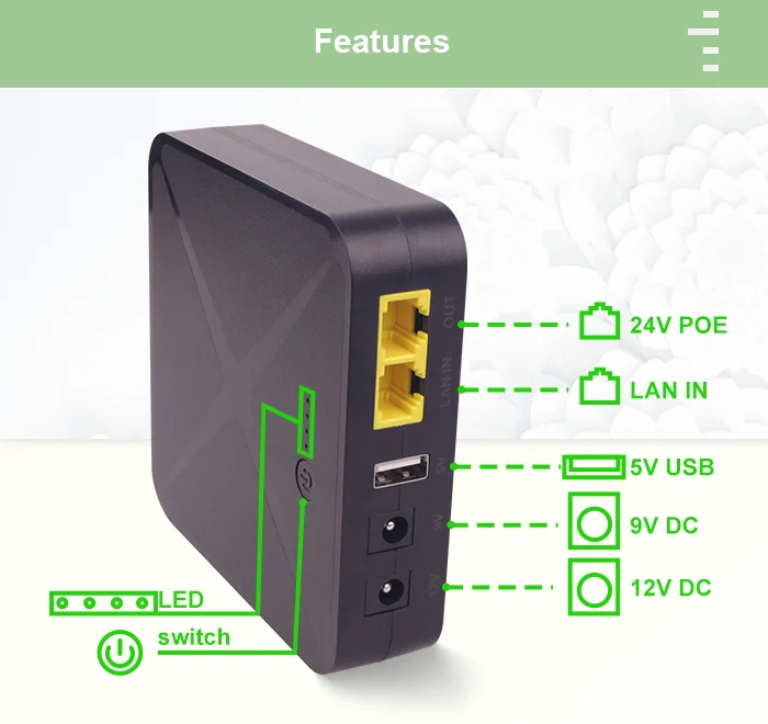 USB DC POE 24V 48V Mini UPS Online Power Bank Camera Backup