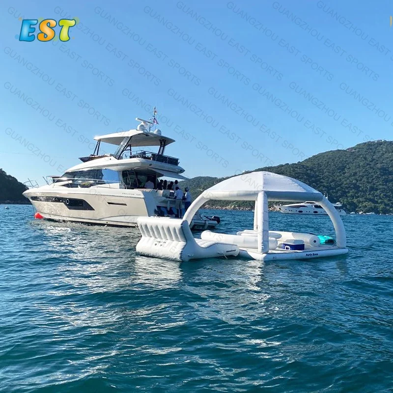 Water Floating Platform Inflatable Floating Sun Deck Party Inflatable Floating Party Platform with Bana Tents