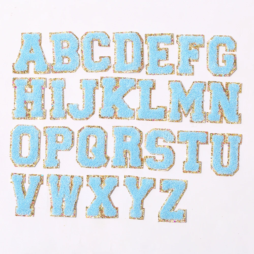 26 stuks patches, letters, chenille letterpatches, strijkletters voor kleding, A-Z, glitterletters, chenille, geborduurde alfabetpatches voor kleding, sweatshirt, jassen, hoed (goud