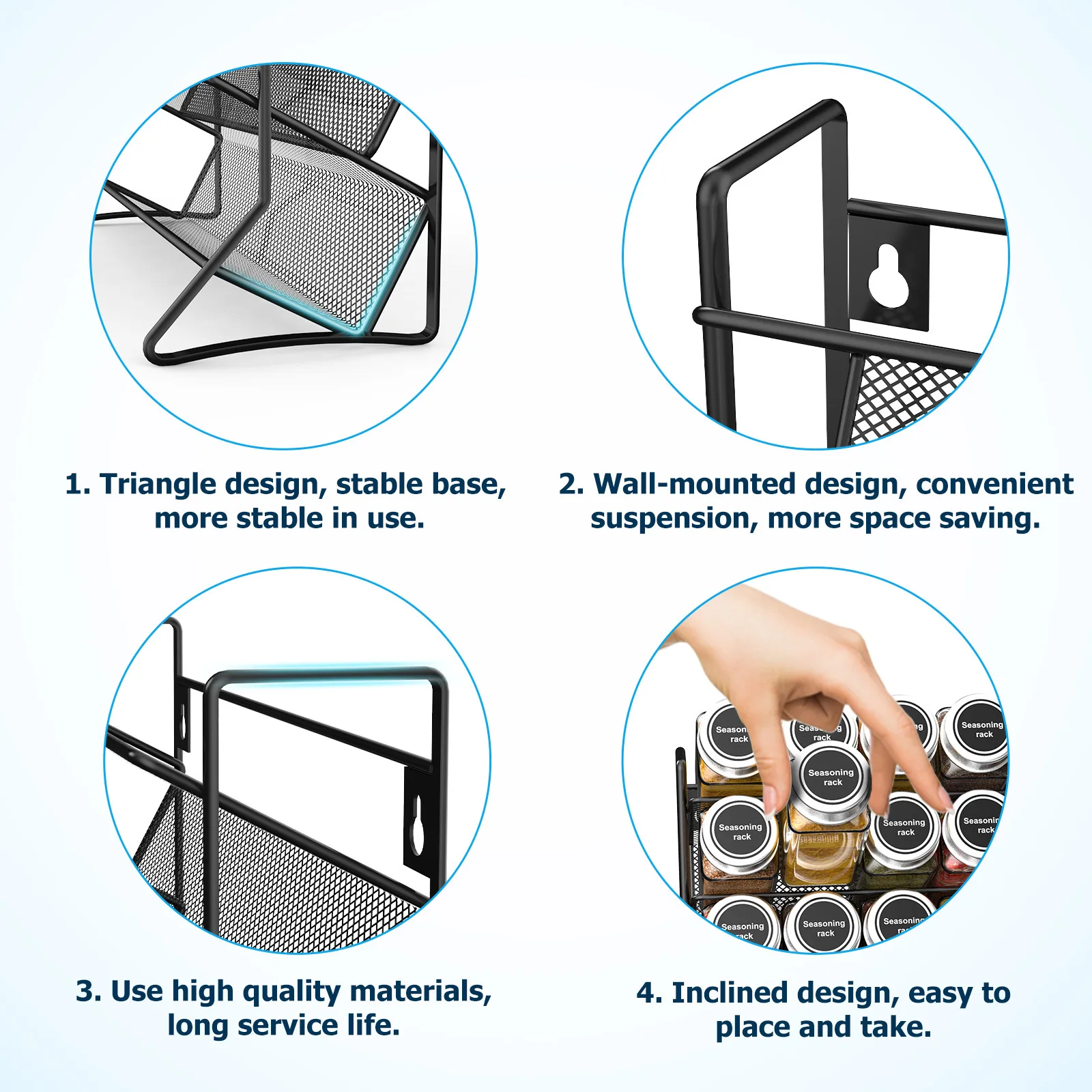 4-Tier Metal Spice Rack Organizer for Countertop Cabinet Wall Mount Sturdy Space-Saving Modern Design Easy Assembly Jars