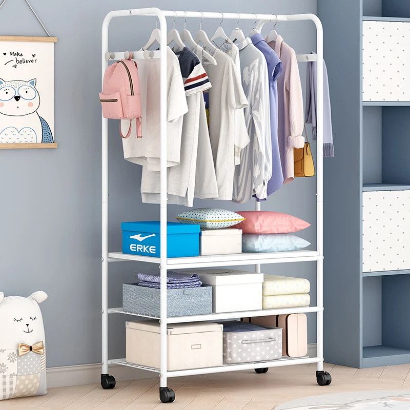 New Arrivals Movable Modern Clothes Rack Balcony Bedroom Hanger Clothes Storage Rack Multifunction Coat Hat Rack With Wheels