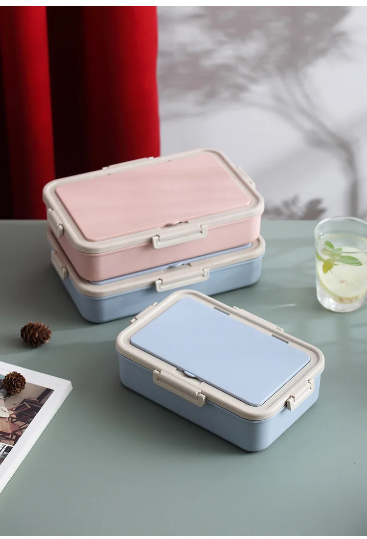 Blue Pink Square Portable Home Office Wheat Material Lunch Box Student Kids Compartment Lunch Box