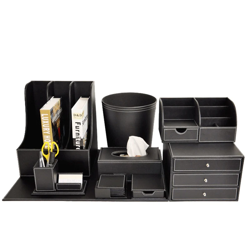 Розничная продажа индивидуальный стиль офисный набор органайзер для стола черный Oem держатель офисного кожаный коричневый