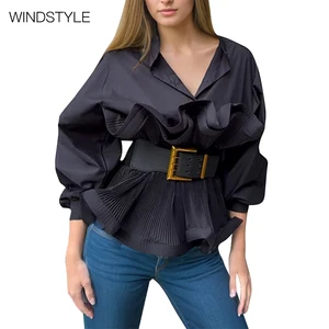 Korean Version Women's Casual Solid Pattern Satin and Silk Jacket Long Sleeve Ruffled High Waist Collar Slim Fit XL Size