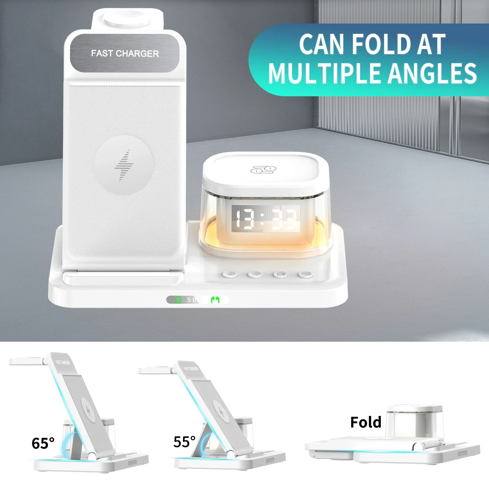 15W Fast-Charging 3-in-1 Foldable Wireless Charger with Clock 3-in-1 Multifunctional Magnetic PD Function