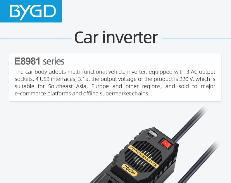 BYGD DC TO AC 12v 220v 150W Power Inverter Car Rechargeable Power Inverter With 4*2.1A USB Ports