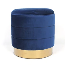 HStex High Quality Modern Design Round Seated Storage Cloth Footstool Ottoman Empire Velvet Gold Metal Base