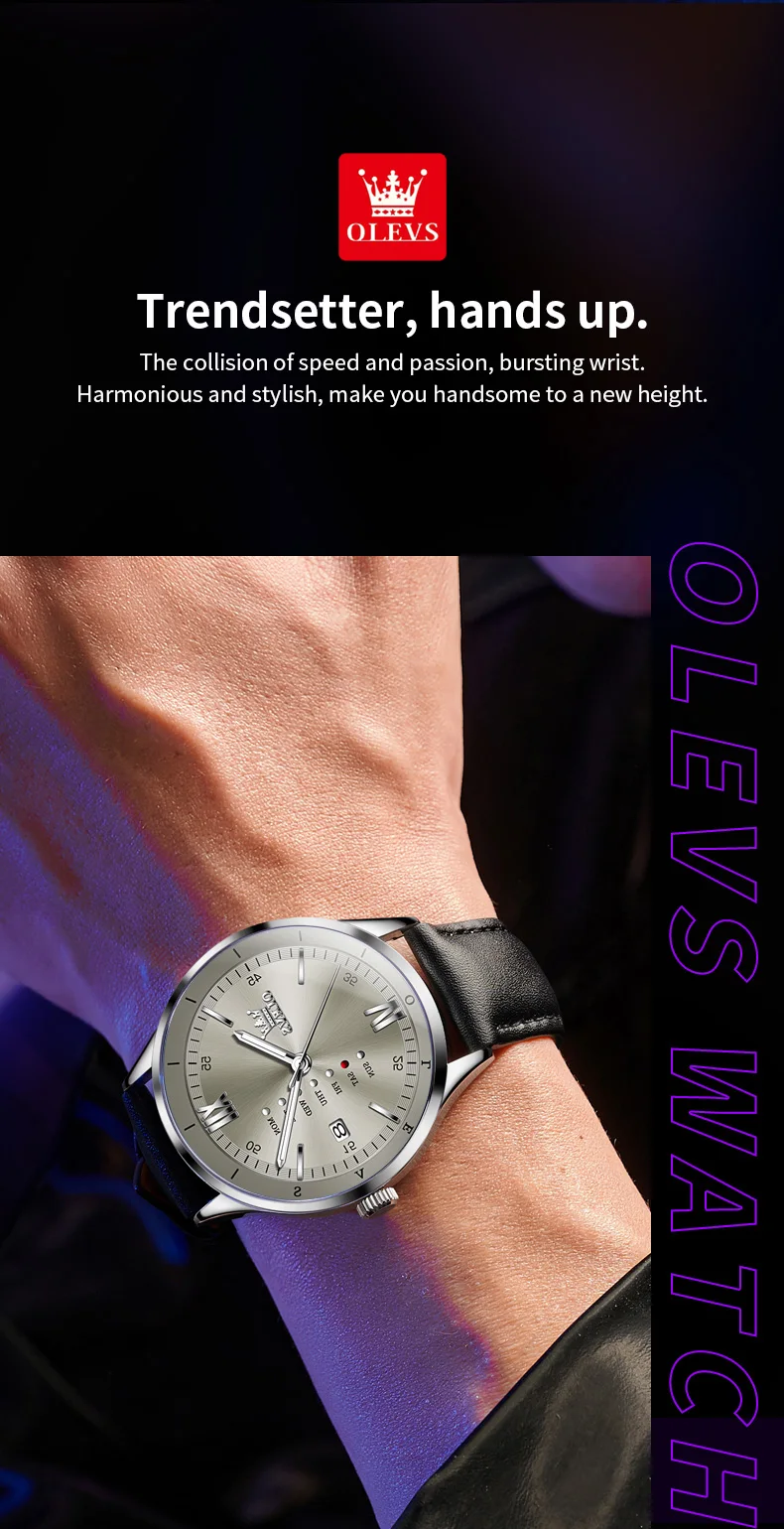 OLEVS 2931 Original Leather Strap Fashion Waterproof Quartz Top Brand Luxury Men's Wrist Watch Men Business Luminous Watches