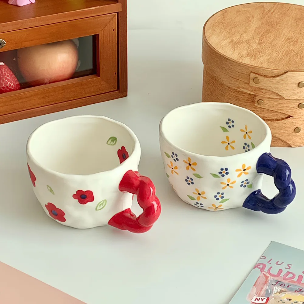 Twisted Handle Cute 260ml Ceramic Flower Cup Hand Painted Under Glaze Mug Flower Tea Coffee Cups Gift