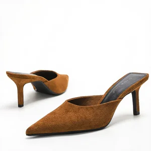 1208-33 Autumn New Brown Pointed Toe Suede Mule Heel Shoes Simple Style Solid Color High Heeled Mule Sandals for Women