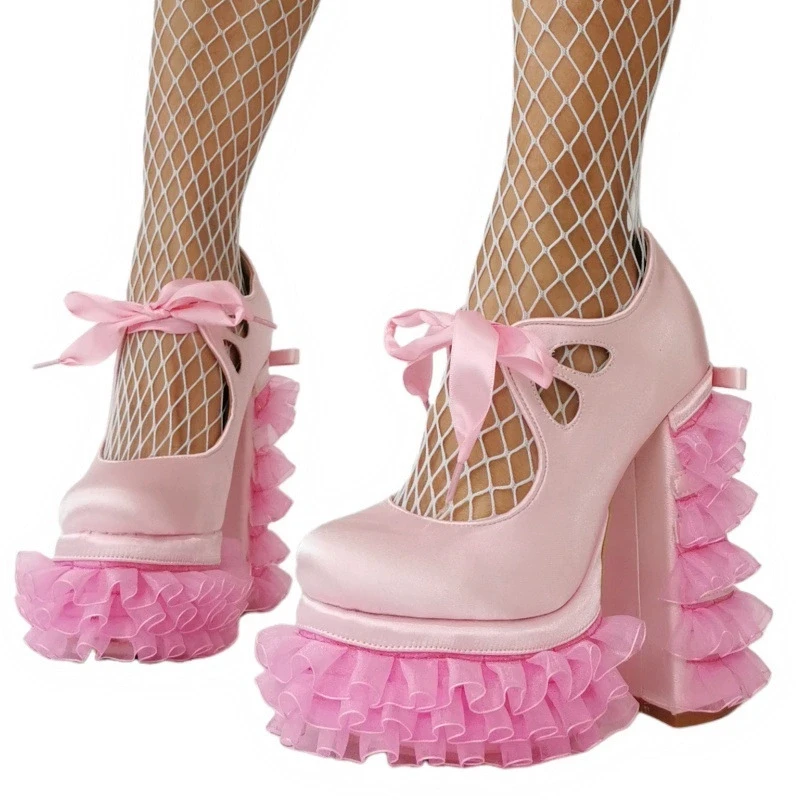 Fashion Cosplay Girls Pink Lolita Lace Fringe Heel Large Size 47 Mary Jane Shoes Chunky Heels Platform High Heels - Image 6