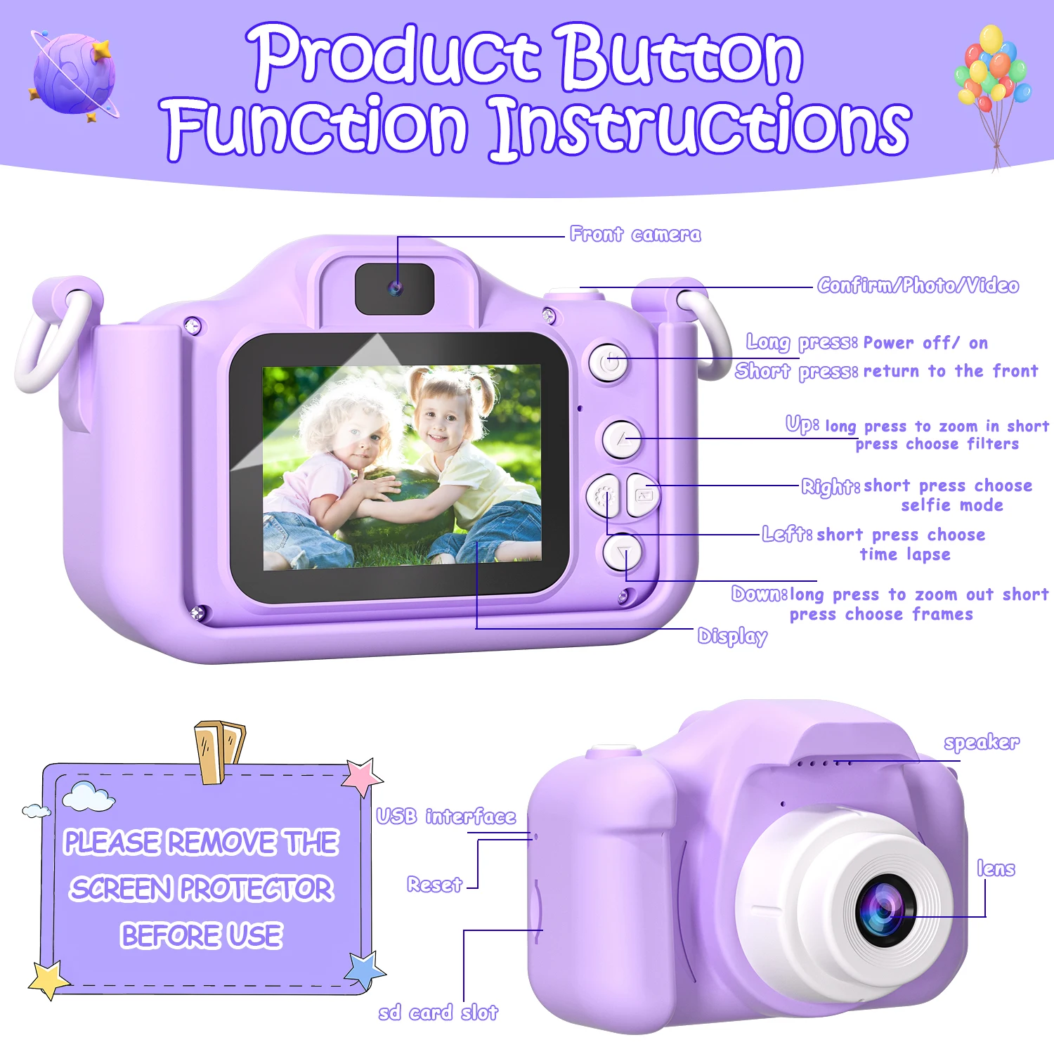 Cartoon Kids 2-Inch LCD Camera with 1080P Photo & Video MicroSD Built-In Games & MP3 for Ages 4-10