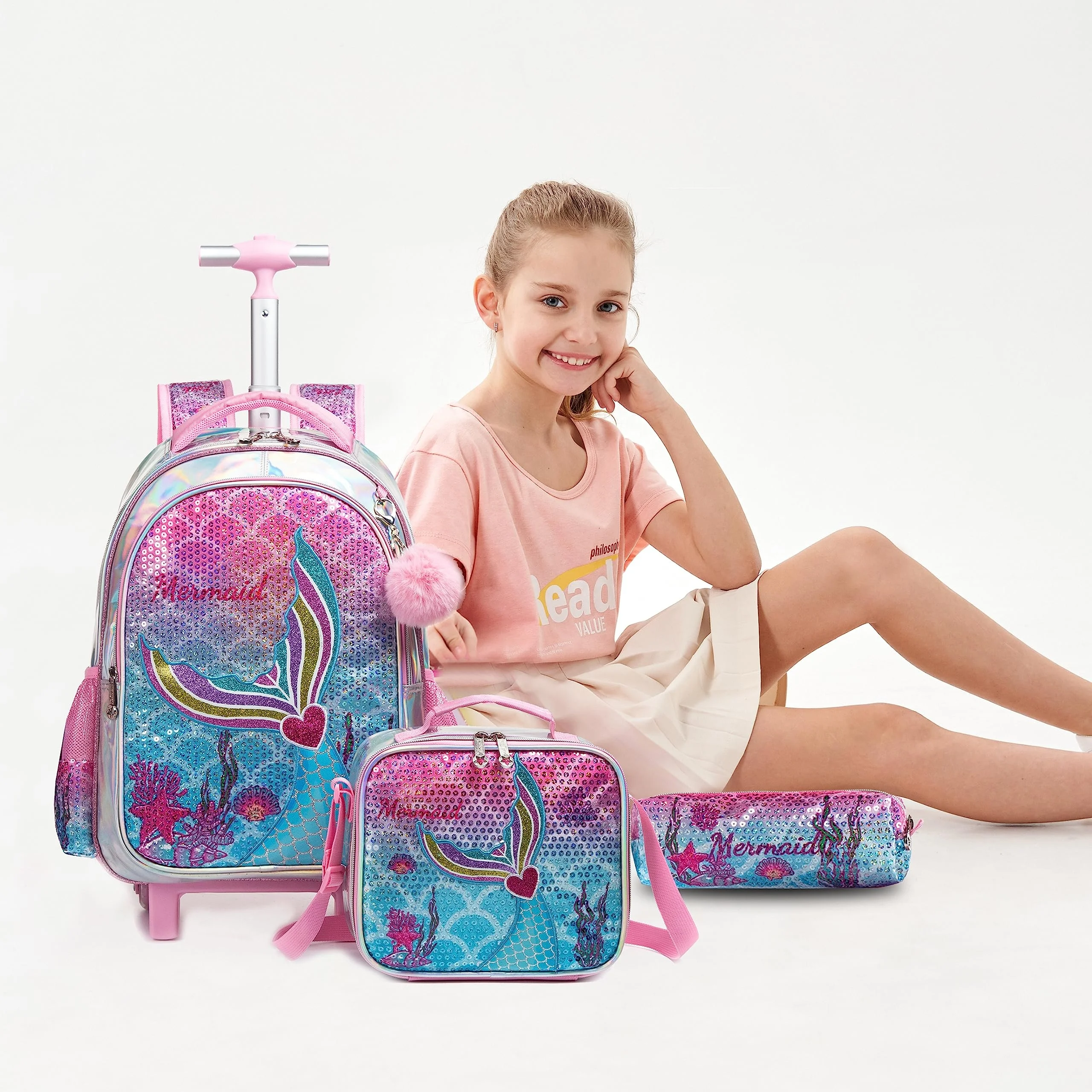 NEW Mermaid Rolling Backpack for Gilrs Backpacks with Wheels for Element… Kids Rolling Mermaid Backpack for Girls Trolley Suitcases  main image 3