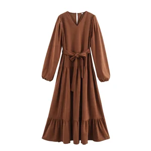 Casual Women's Brown Maxi Dress V Neck Long Sleeve Sashes Breathable Woven Natural Waist XS Size for Spring Summer Autumn Solid