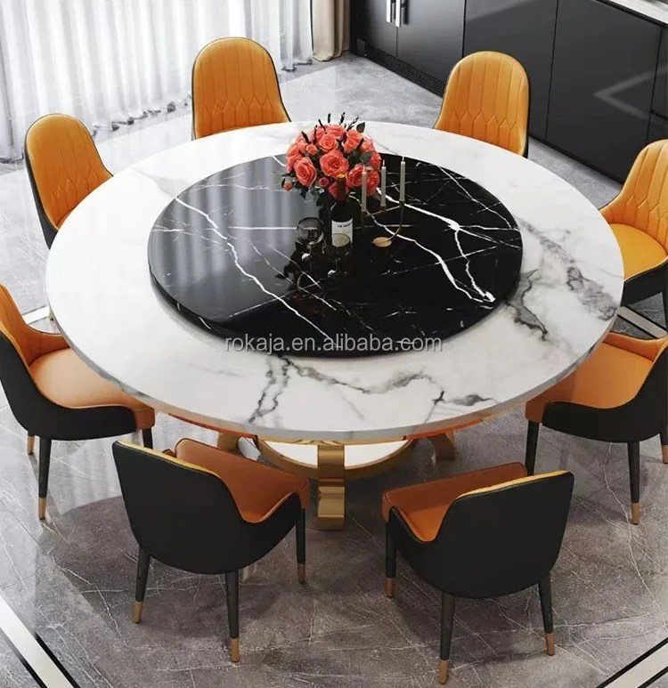 Luxury Round Dining Room Table Gold Stainless Steel Base Marble Top ...
