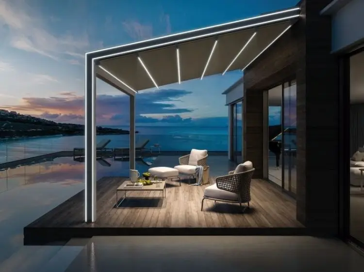 clearview自由站立户外防水铝凉棚屋顶可调机动可伸缩遮阳篷生物气候