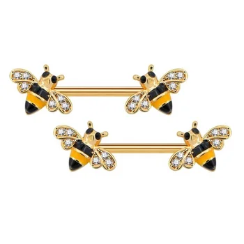 2022 new arrivals wholesale 316 surgical steel 14G Bee sexy girl Nipple gold Barbell ring set Piercing Body Jewelry