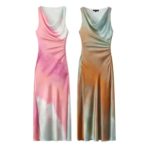Women 2026 Summer New Chic Fashion Tie Dye Print MIDI Dress Vintage Sleeveless Female Dresses Robe Mujer