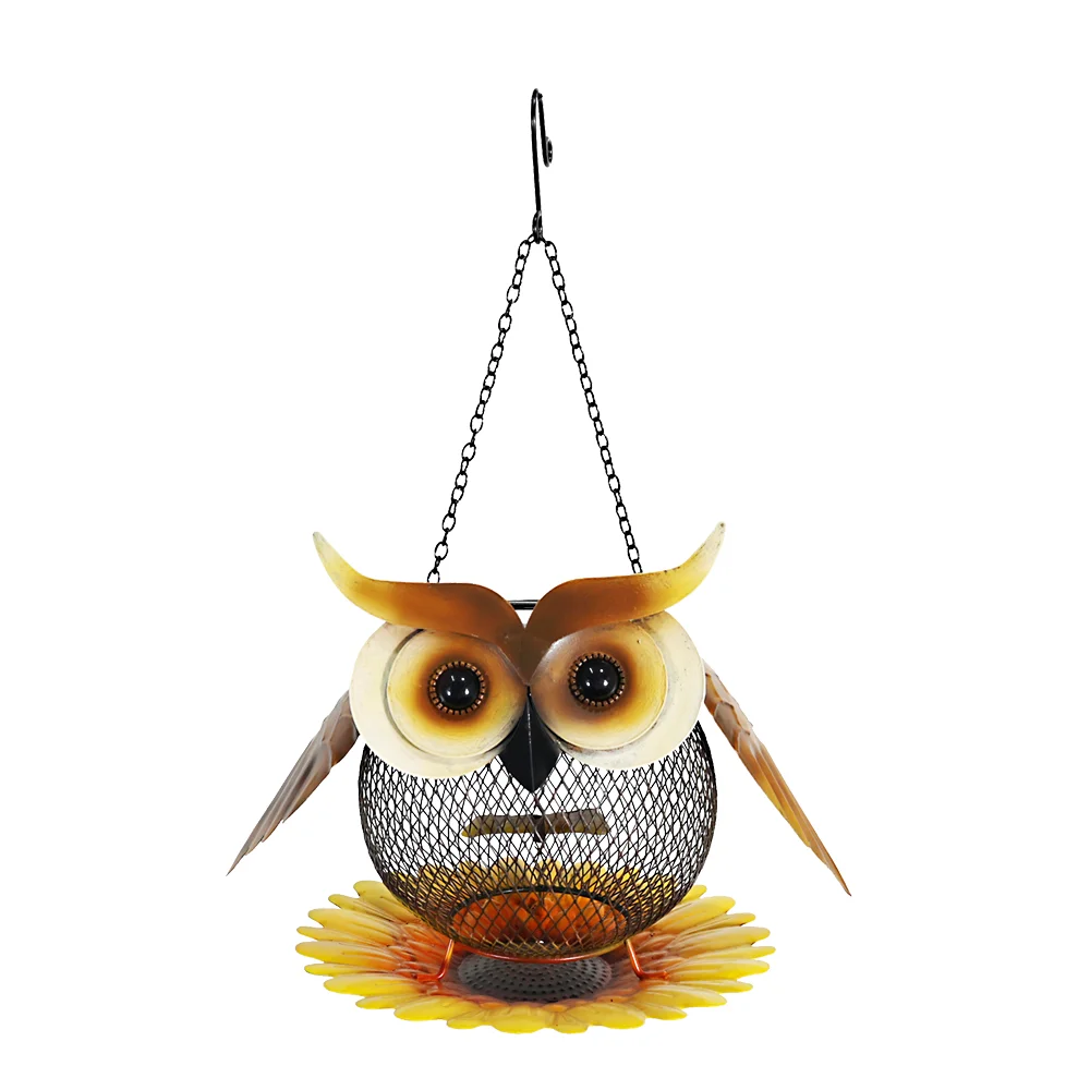 Iron Tree Outdoor Crafts Owl Shape Bowl Waterproof Craft Bird Feeder With Solar Light