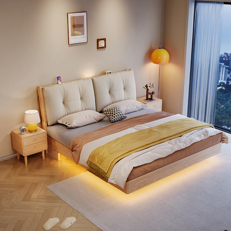 Custom Modern Design Queen/King Floating Bed With High Air Storage Box Solid Ash Wood Bedroom Furniture Bunk Bed Frame