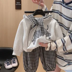 Children's Hooded Sweatshirt Set - Autumn Boys and Girls Casual Sweatshirts with Children's Checkered Pants Three-piece Set