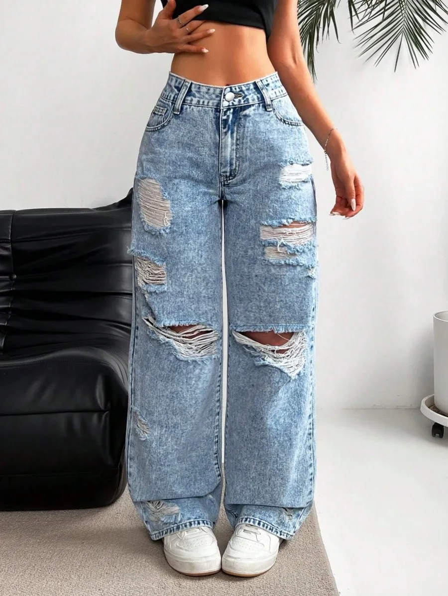 European and American Denim Ripped Washed High Waist Straight-leg Versatile Slimming Spring Jeans for Women