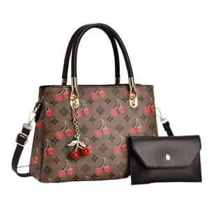 custom logo New Branded Women's Luxury 2-Piece Set Classic Cherry Blossom Design Large Capacity Waterproof PU Leather Handbag Purse Zipper