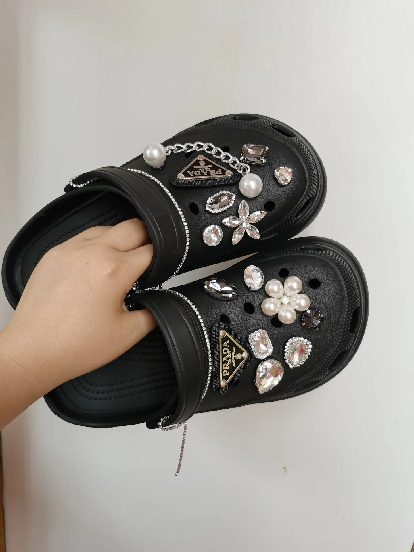 8pcs Black Flower Croc Charms Bling Perfume Shoe Charms Metal Bags
