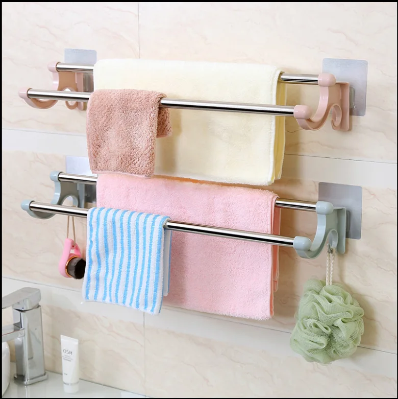 Traceless Double Rod Towel Rack Transparent Strong Double Deck Towel Rack Bathroom Hooks factory