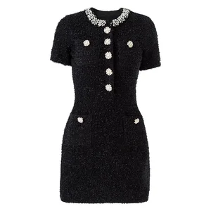 Women's Autumn Winter New Knitted Dress Heavy Beading Slim Fit Elegant and Sexy Short Sleeve Dress